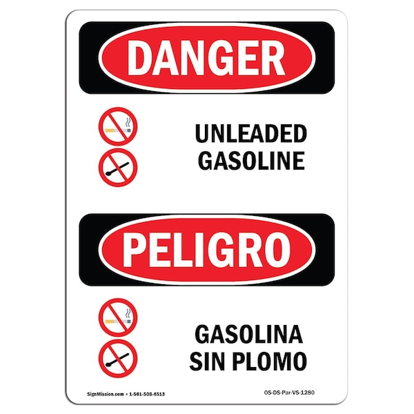 Safety Sign, OSHA Danger, 24" Height, Unleaded Gasoline Bilingual Spanish, D-1824-VS-1280